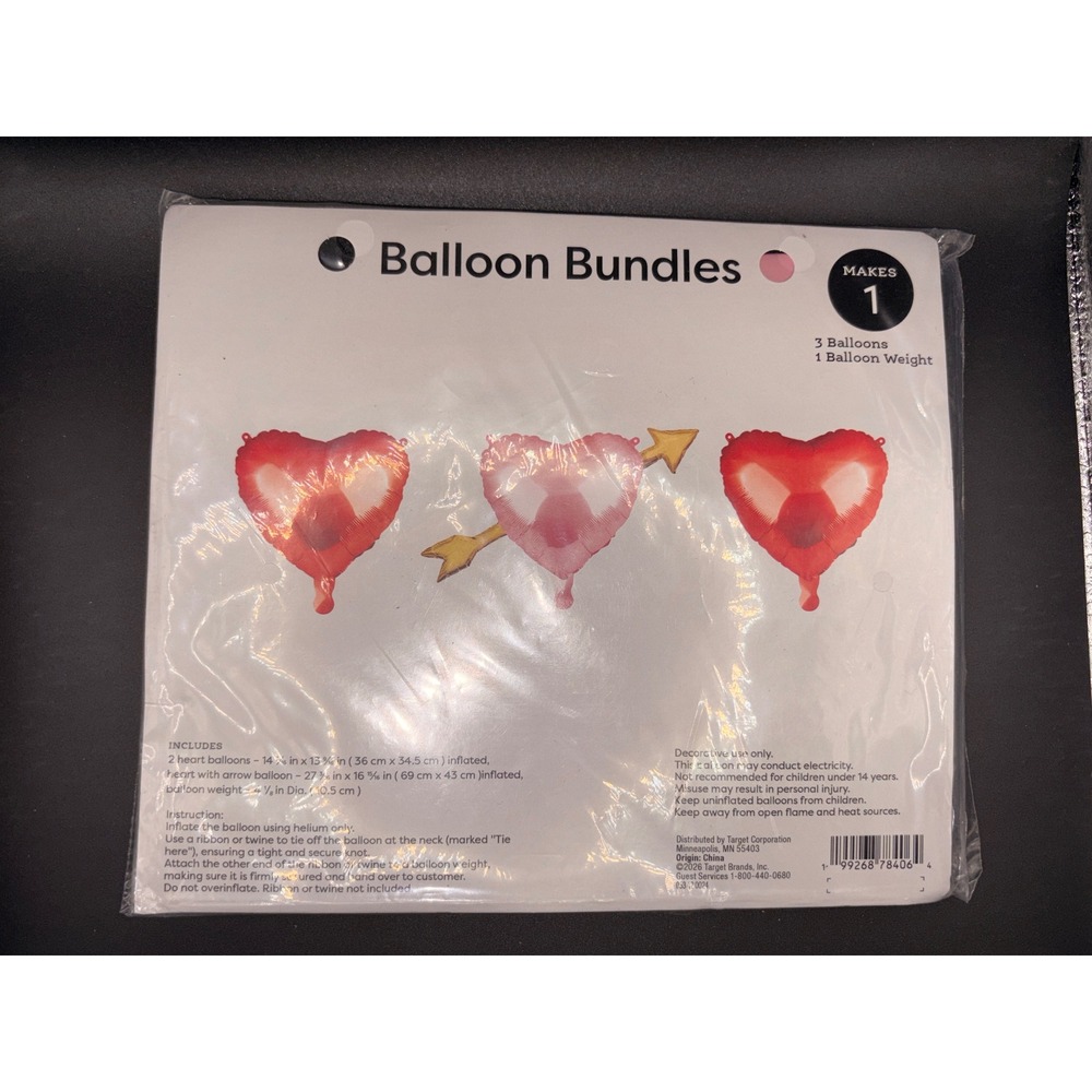 Target Valentine's Day Heart Balloon Bundle 3ct‎ Red Pink with Arrow and Weight